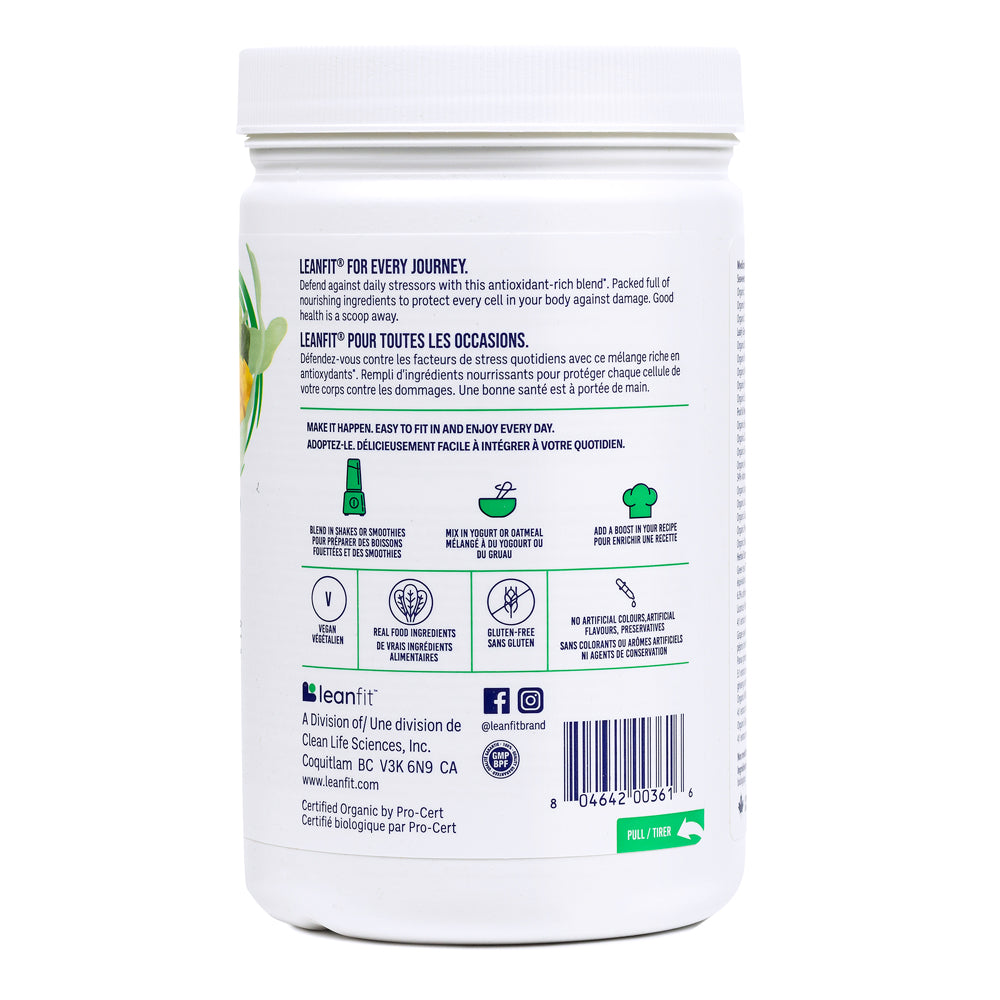 Side panel and barcode — LEANFIT Organic Super Greens Tropical Mango
