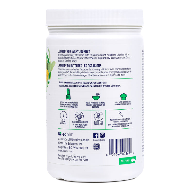 Side panel and barcode — LEANFIT Organic Super Greens Tropical Mango
