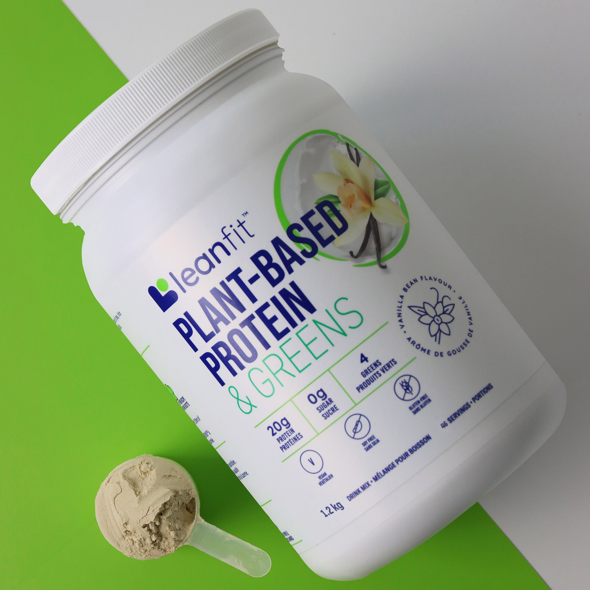 Product hero — LEANFIT Protein & Greens Vanilla 1.02 kg with scoop