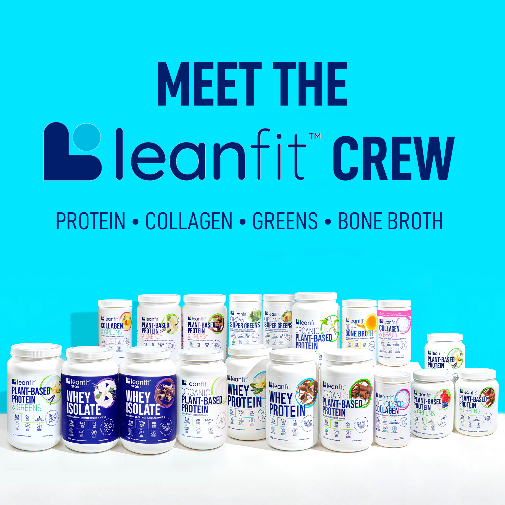 Full LEANFIT Protein Powder Lineup Including Whey, Organic Plant-Based, Collagen, Electrolytes, Bone Broth, and More
