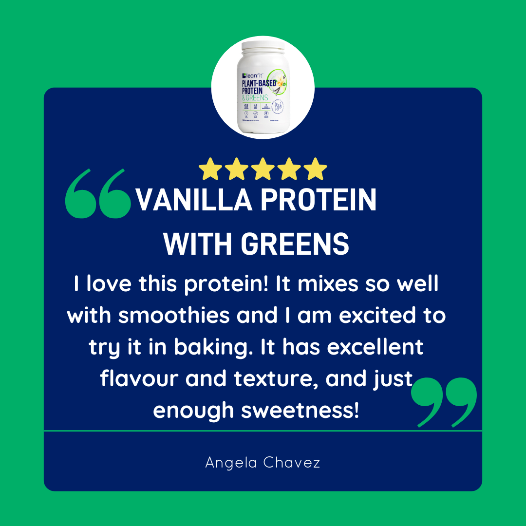 Customer review: “Vanilla protein with greens—mixes so well in smoothies; excellent flavour and texture with just enough sweetness.”
