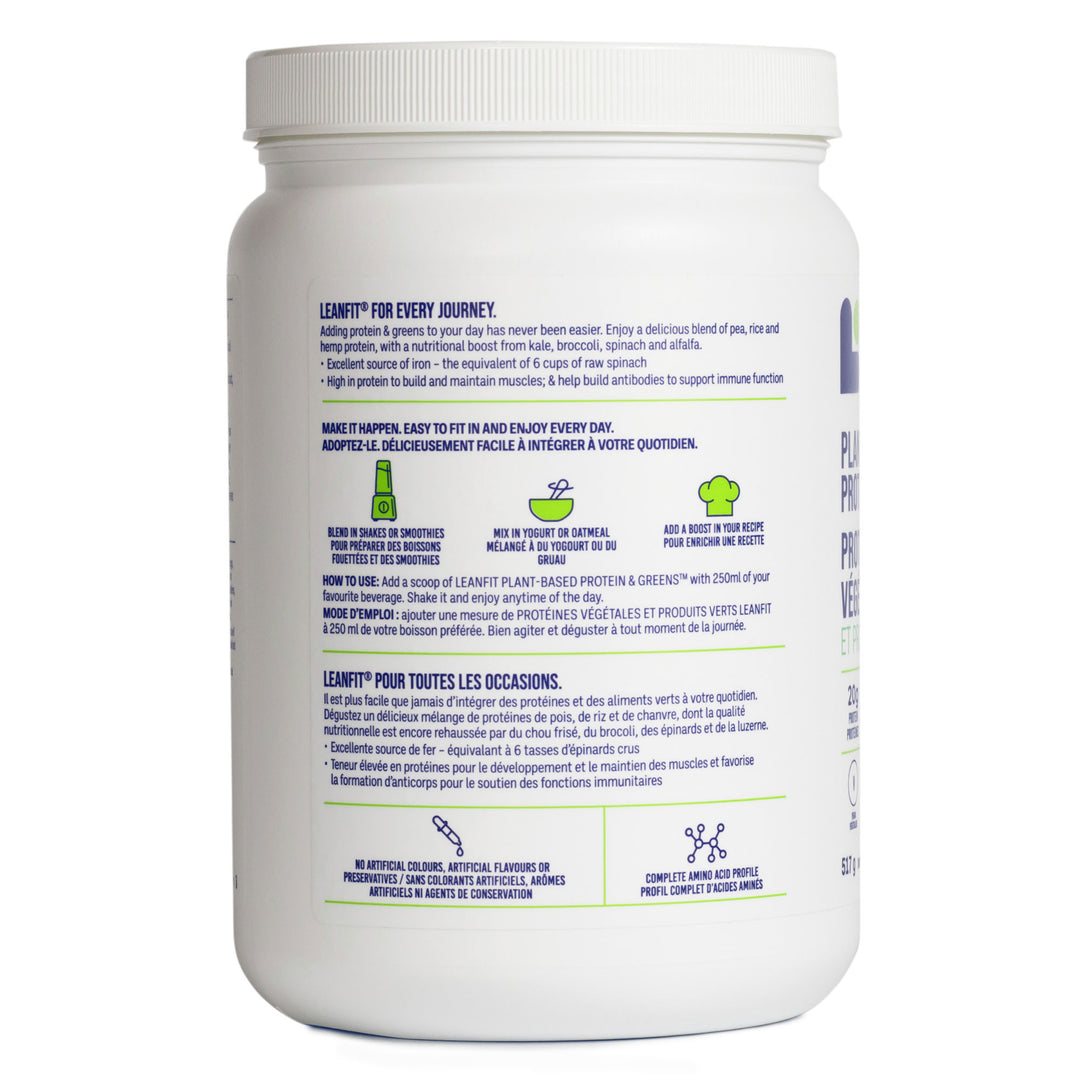 Back label with directions and icons — LEANFIT Plant-Based Protein & Greens Vanilla
