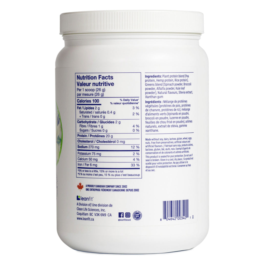 Side label and barcode — LEANFIT Plant-Based Protein & Greens Vanilla