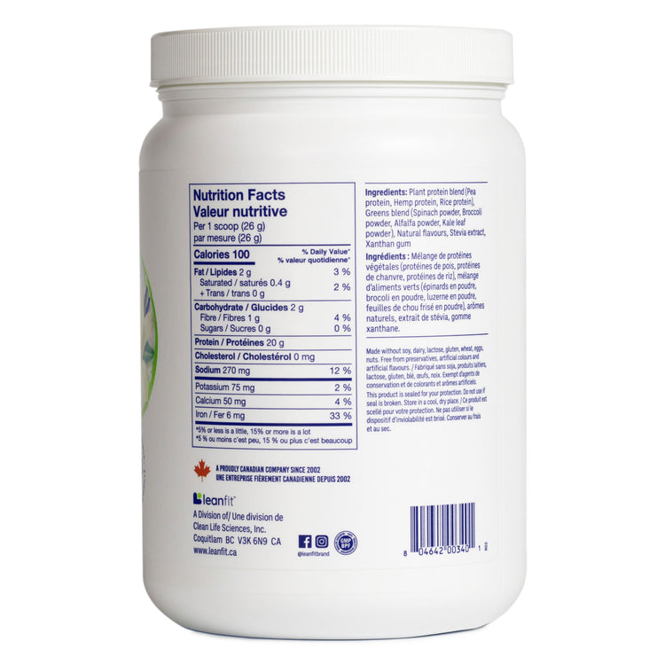 Side label and barcode — LEANFIT Plant-Based Protein & Greens Vanilla