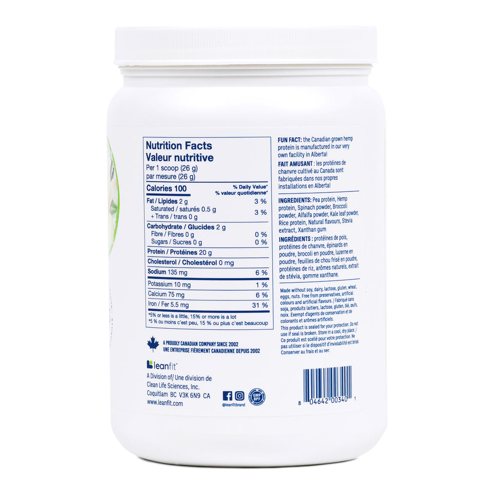 Side label and barcode — LEANFIT Plant-Based Protein & Greens Vanilla
