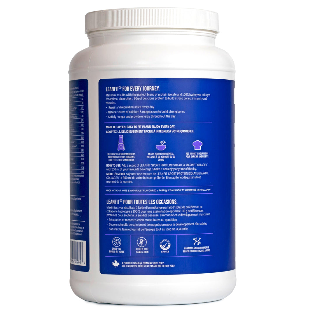 Back label with directions and supplement facts — LEANFIT Sport Protein Isolate & Marine Collagen
