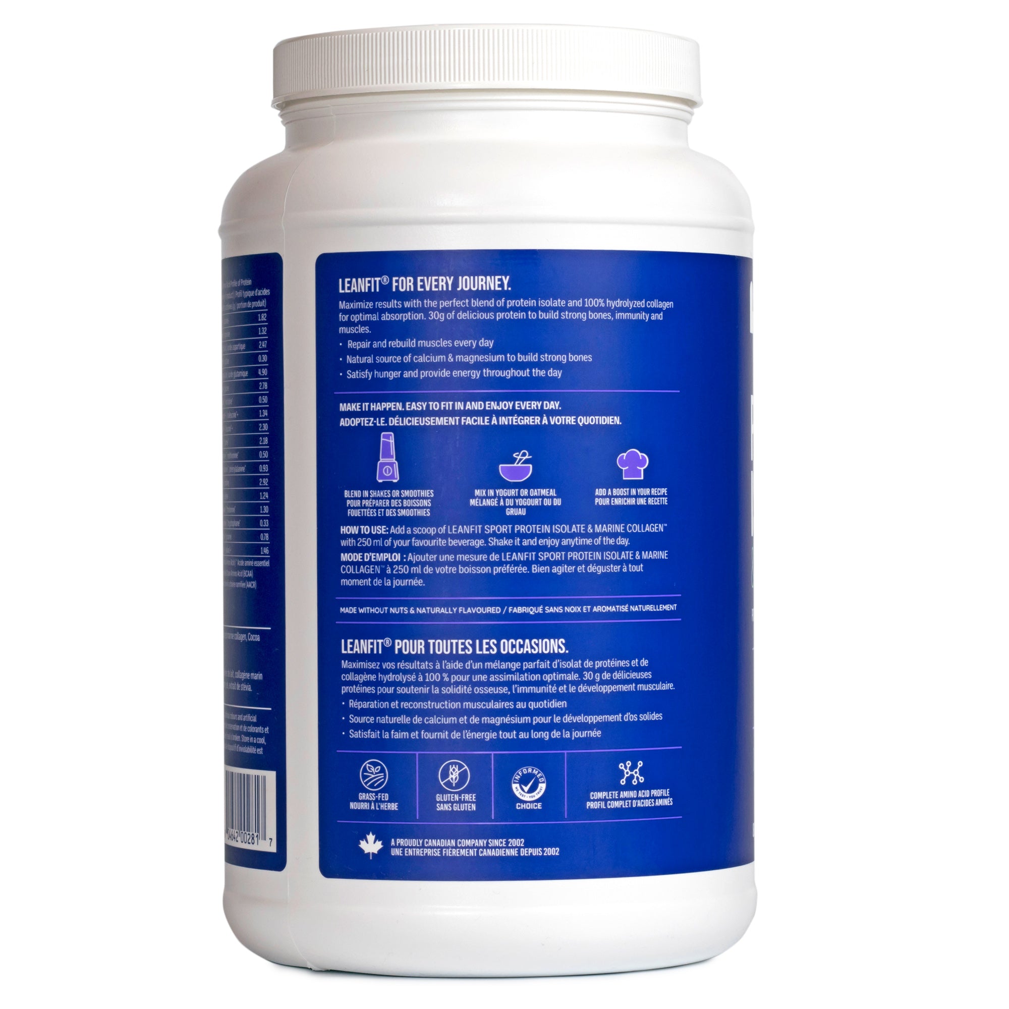 Back label with directions and supplement facts — LEANFIT Sport Protein Isolate & Marine Collagen
