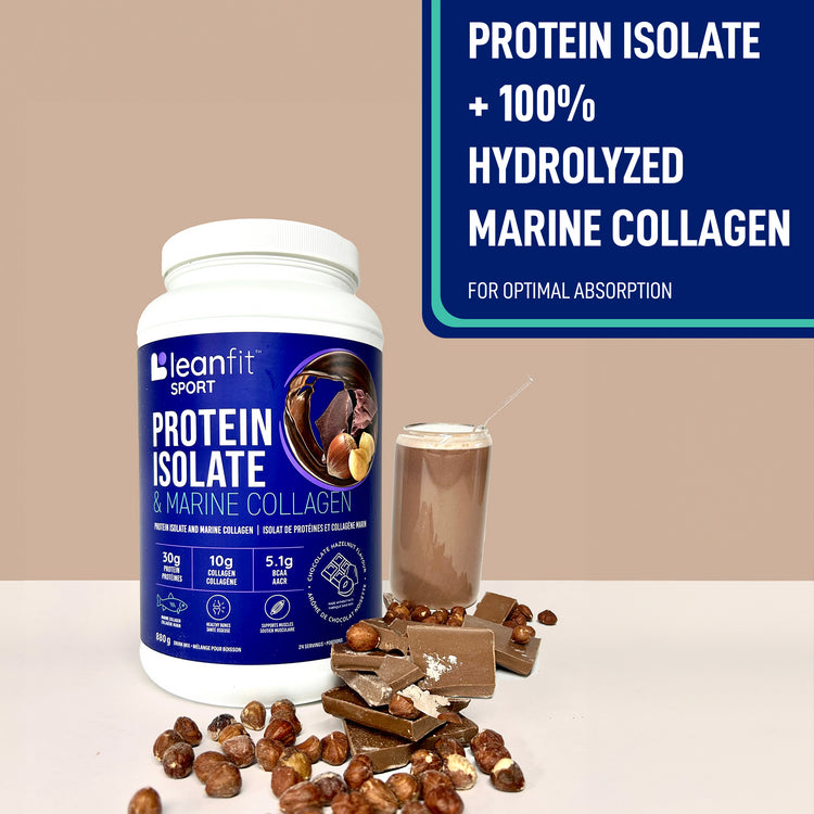 Protein isolate + 100% hydrolyzed marine collagen for optimal absorption — product hero with chocolate & hazelnuts
