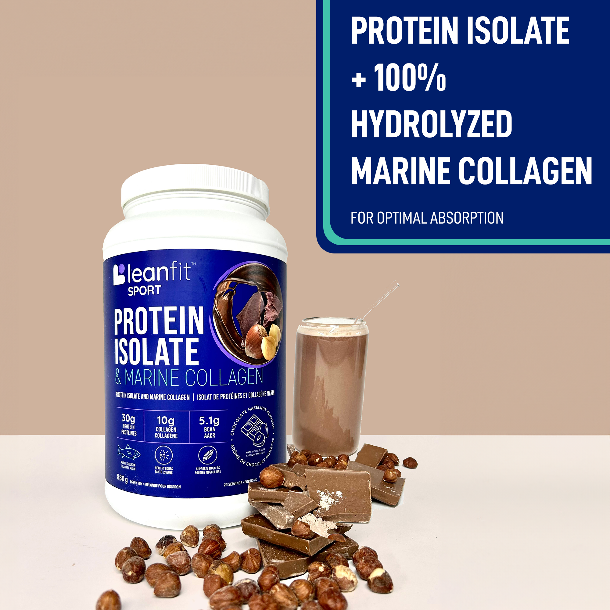 Protein isolate + 100% hydrolyzed marine collagen for optimal absorption — product hero with chocolate & hazelnuts
