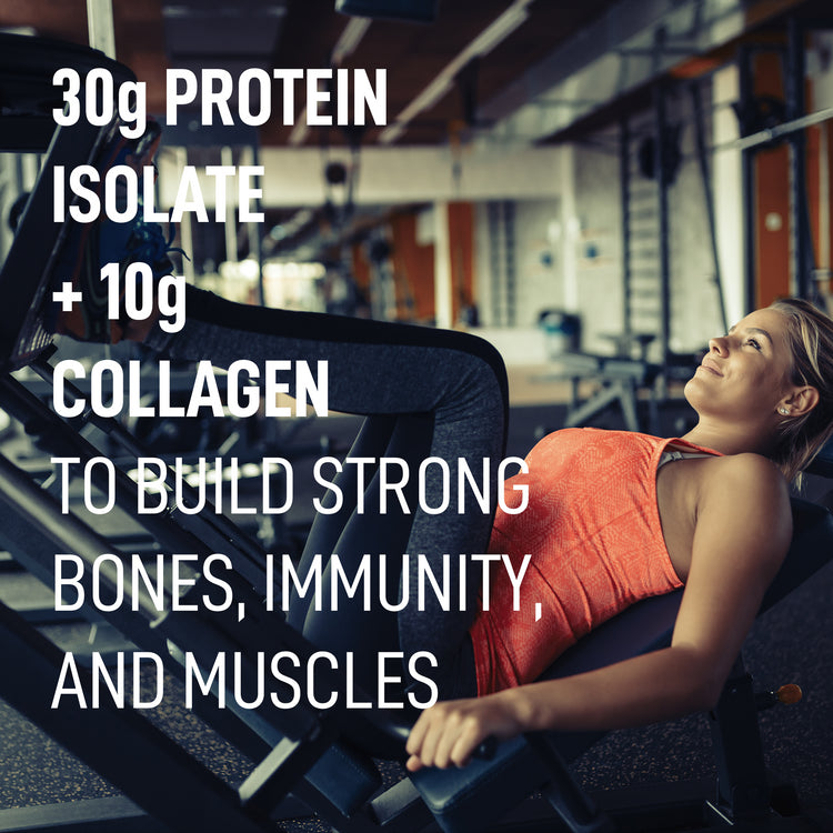 30 g protein isolate + 10 g collagen to build strong bones, immunity, and muscles — gym lifestyle scene
