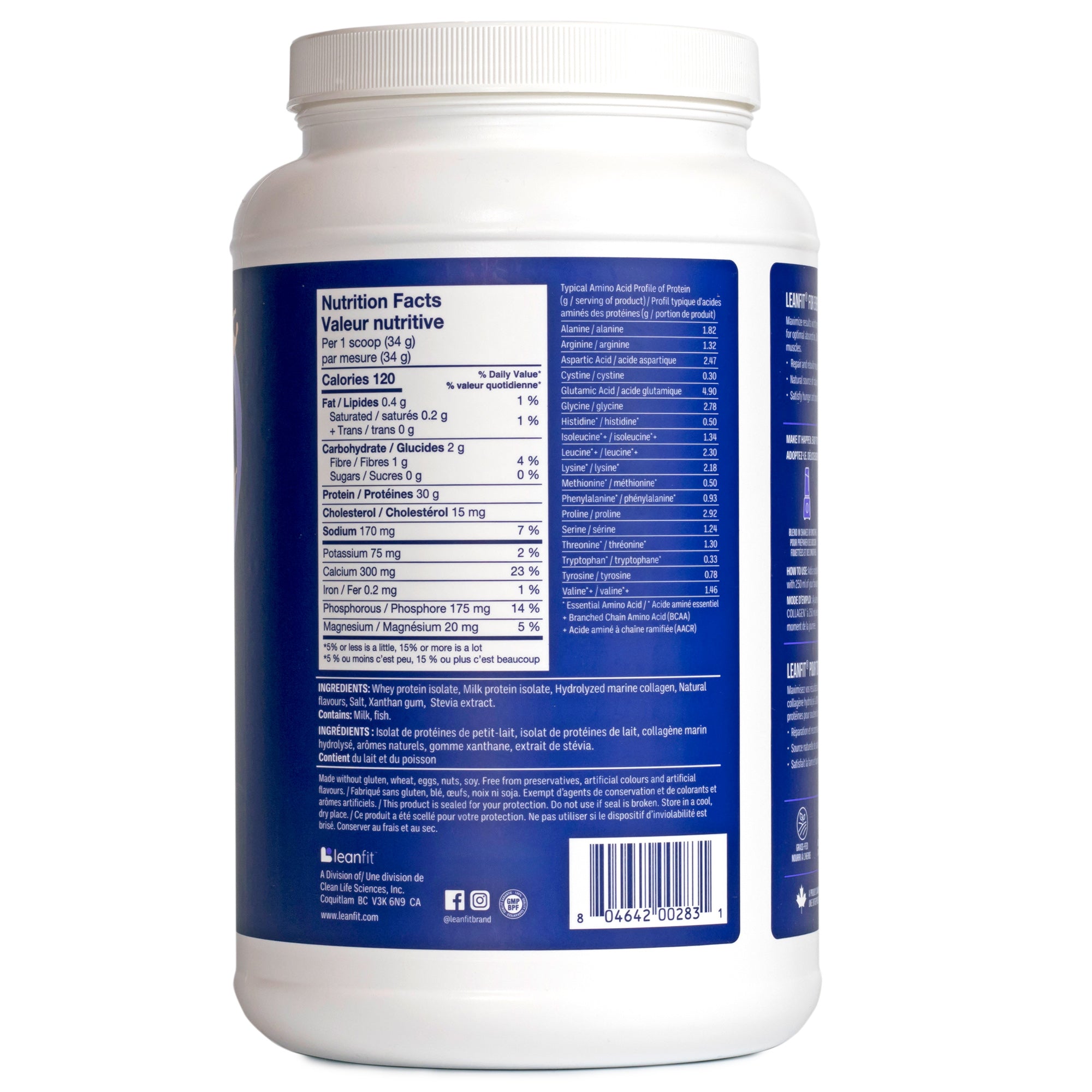 Back label with directions and supplement facts — LEANFIT Sport Protein Isolate & Marine Collagen (Salted Caramel)
