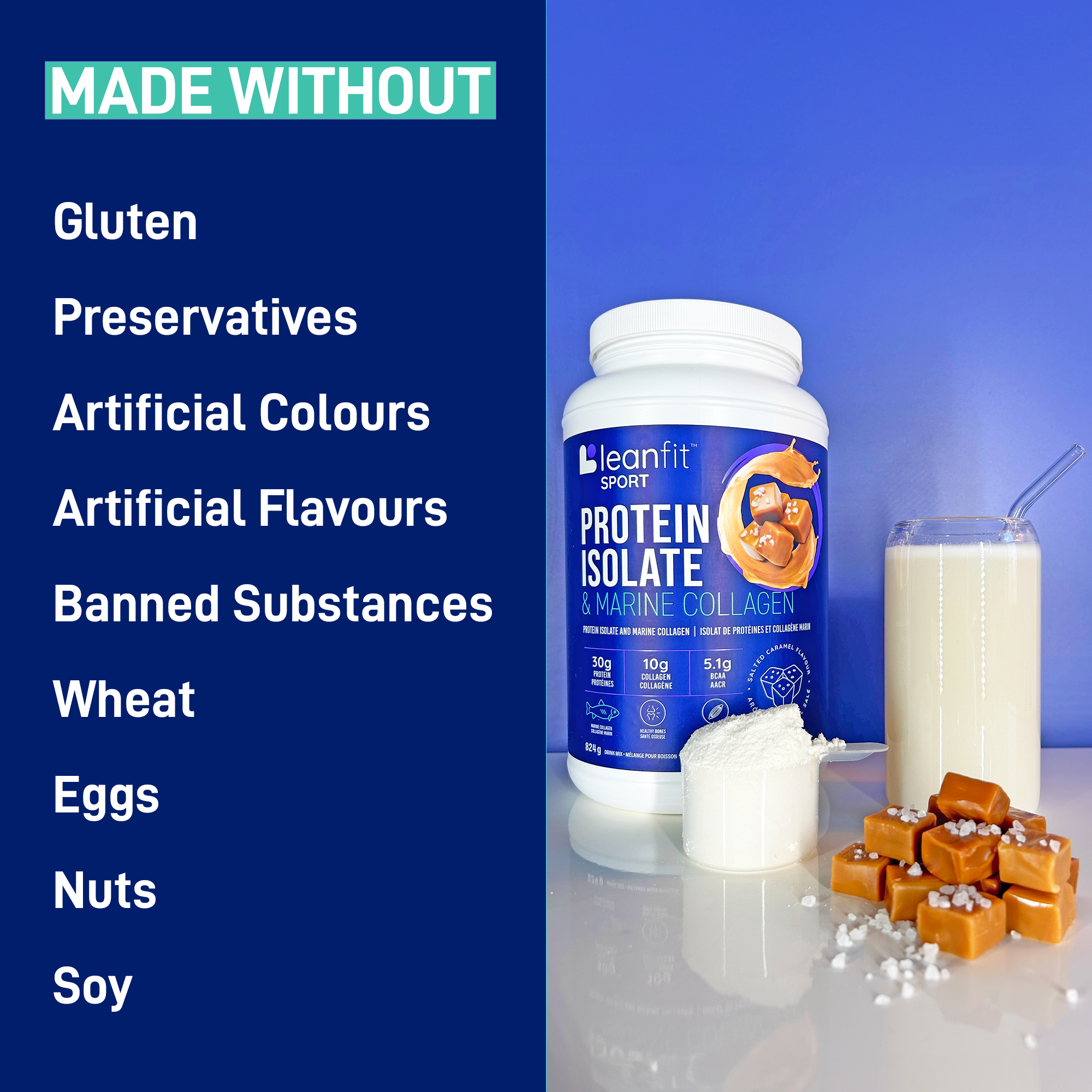 Made without gluten, preservatives, artificial colours or flavours, eggs, nuts, or soy; banned-substance tested
