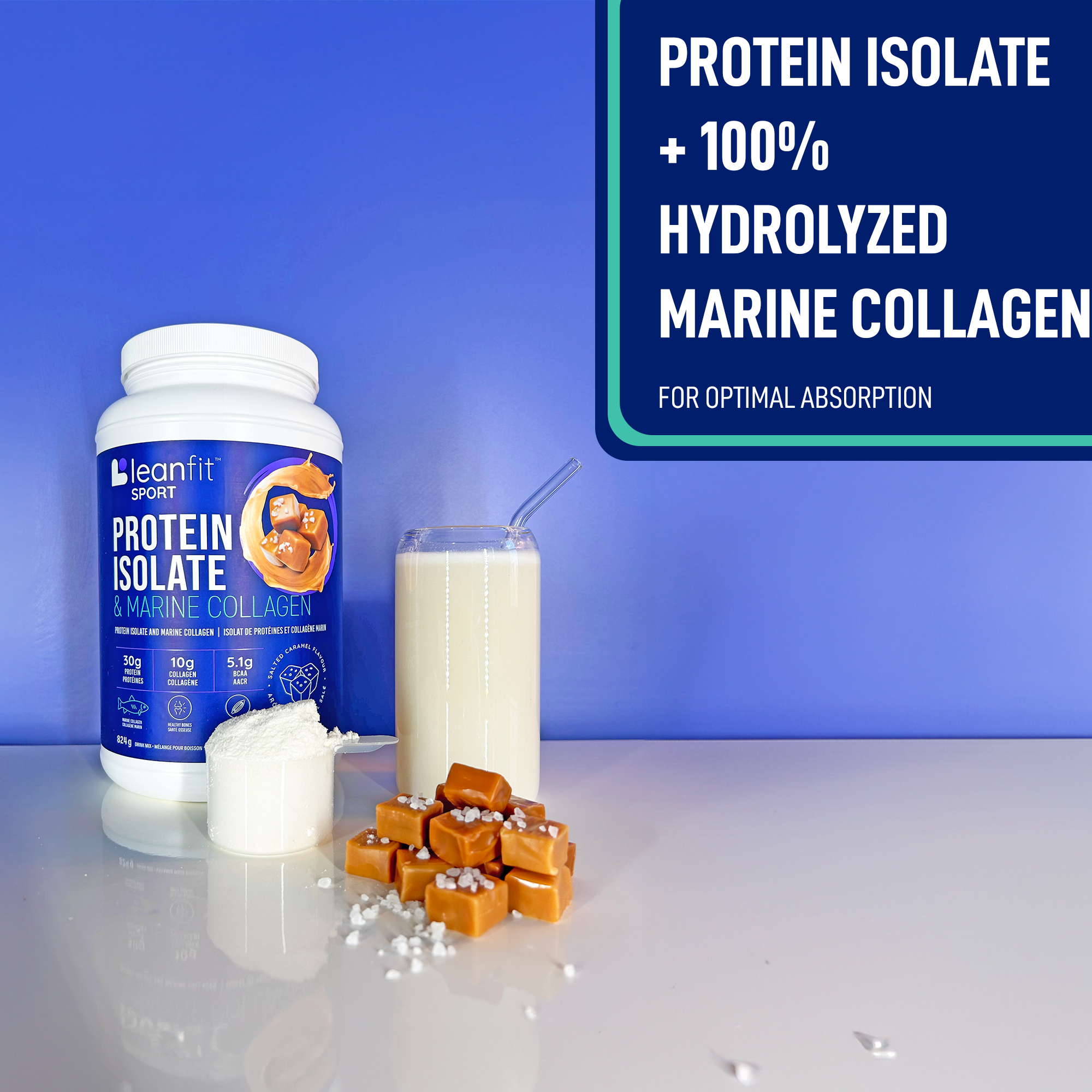 Protein isolate + 100% hydrolyzed marine collagen for optimal absorption — product hero with salted caramel pieces
