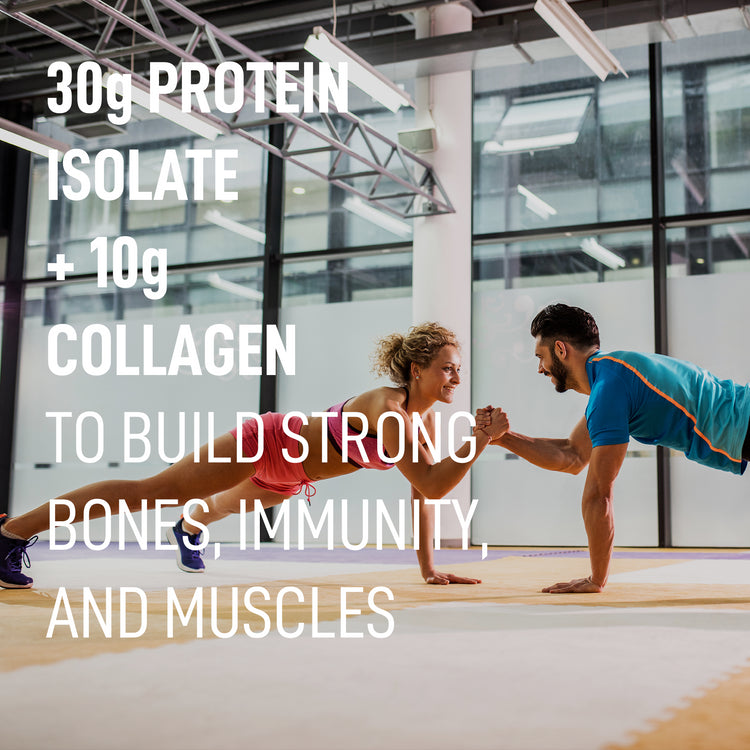 30 g protein isolate + 10 g collagen to build strong bones, immunity, and muscles — gym lifestyle scene
