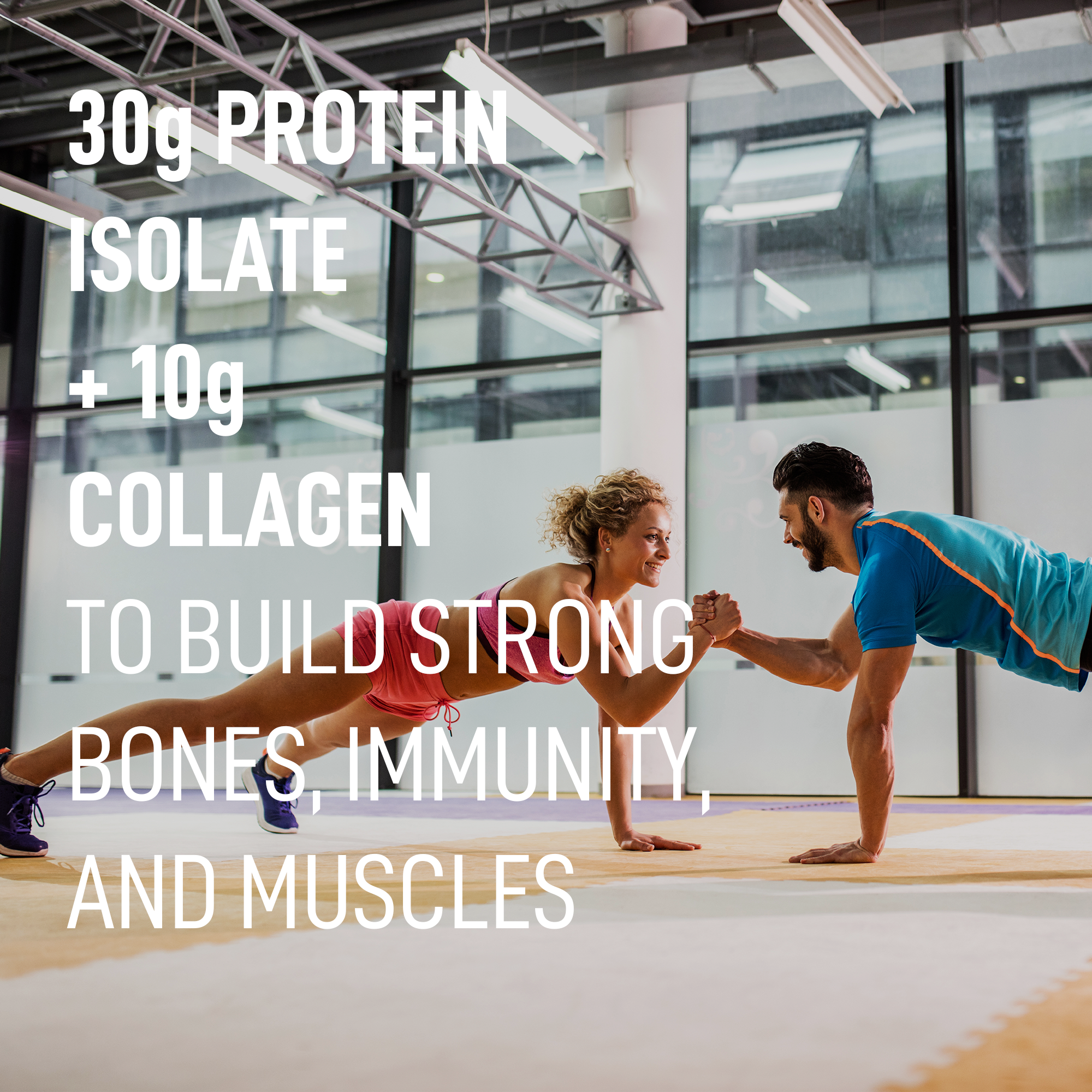 30 g protein isolate + 10 g collagen to build strong bones, immunity, and muscles — gym lifestyle scene
