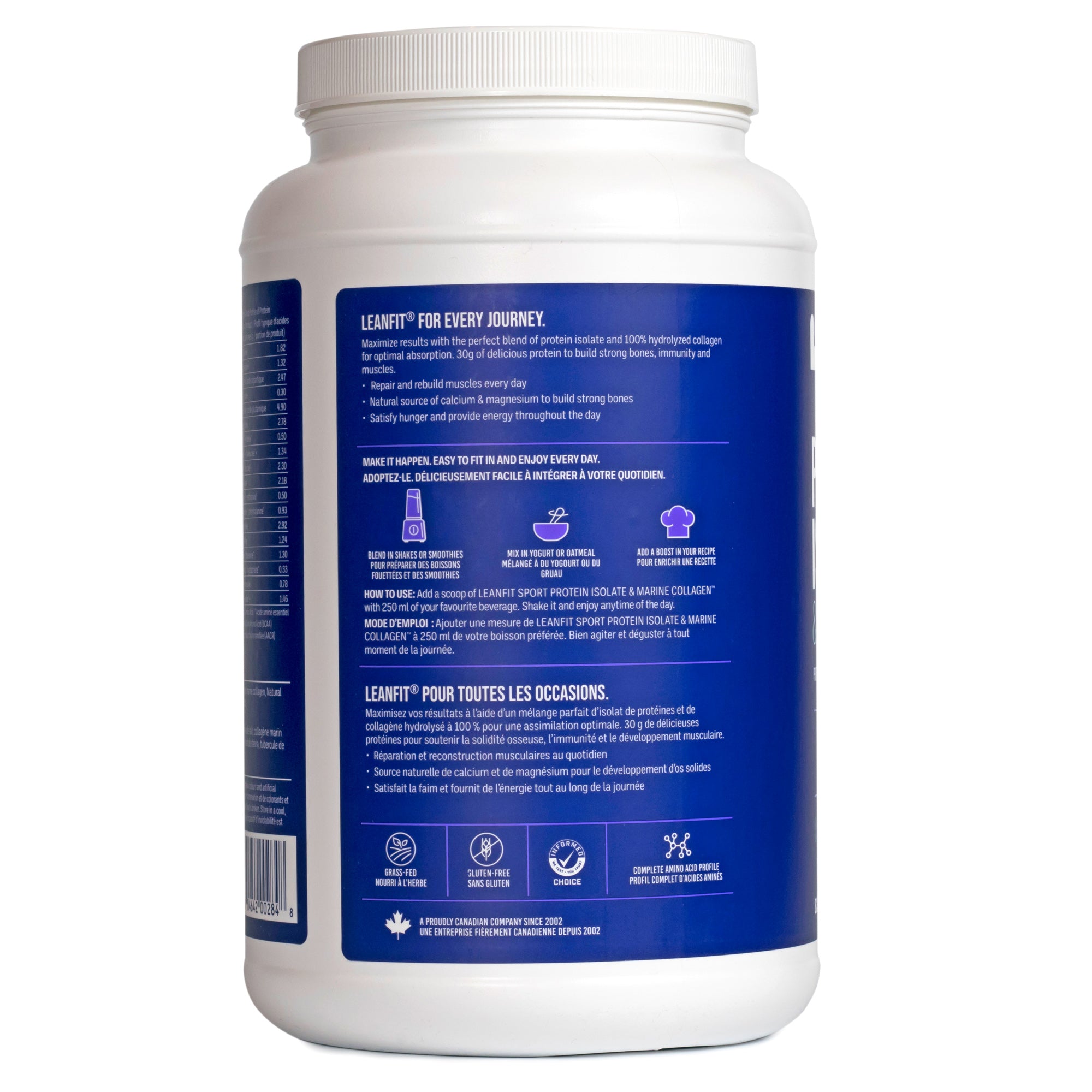 Back label with directions and supplement facts — LEANFIT Sport Protein Isolate & Marine Collagen (Strawberry Raspberry)
