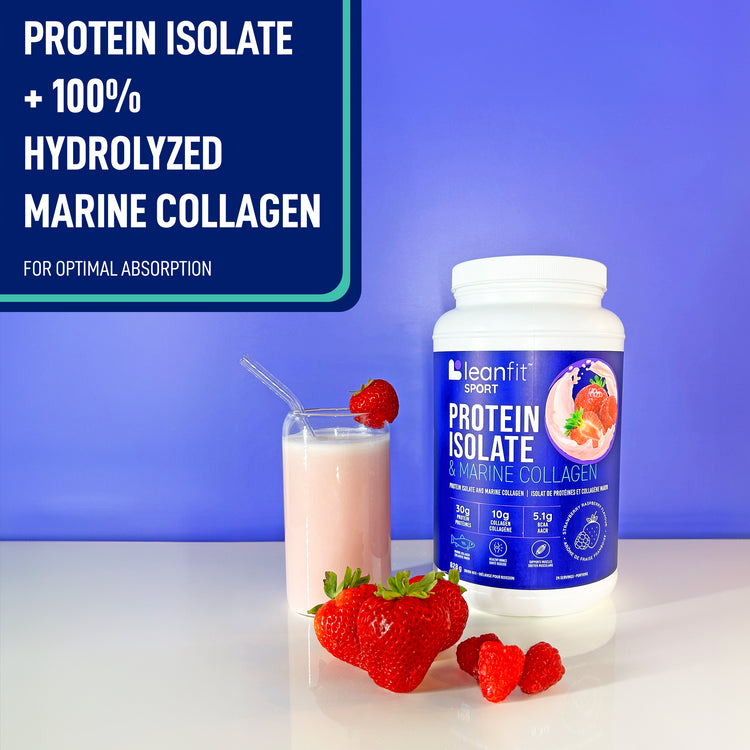 Protein isolate + 100% hydrolyzed marine collagen for optimal absorption — product hero with strawberries & raspberries
