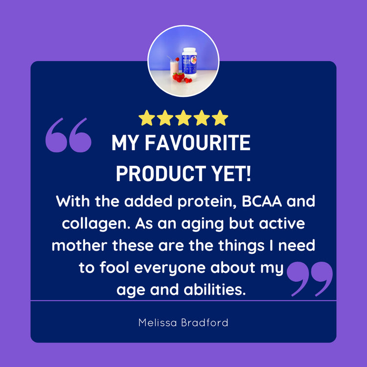 Customer review: “My favourite product yet — added protein, BCAAs, and collagen for an active lifestyle.”
