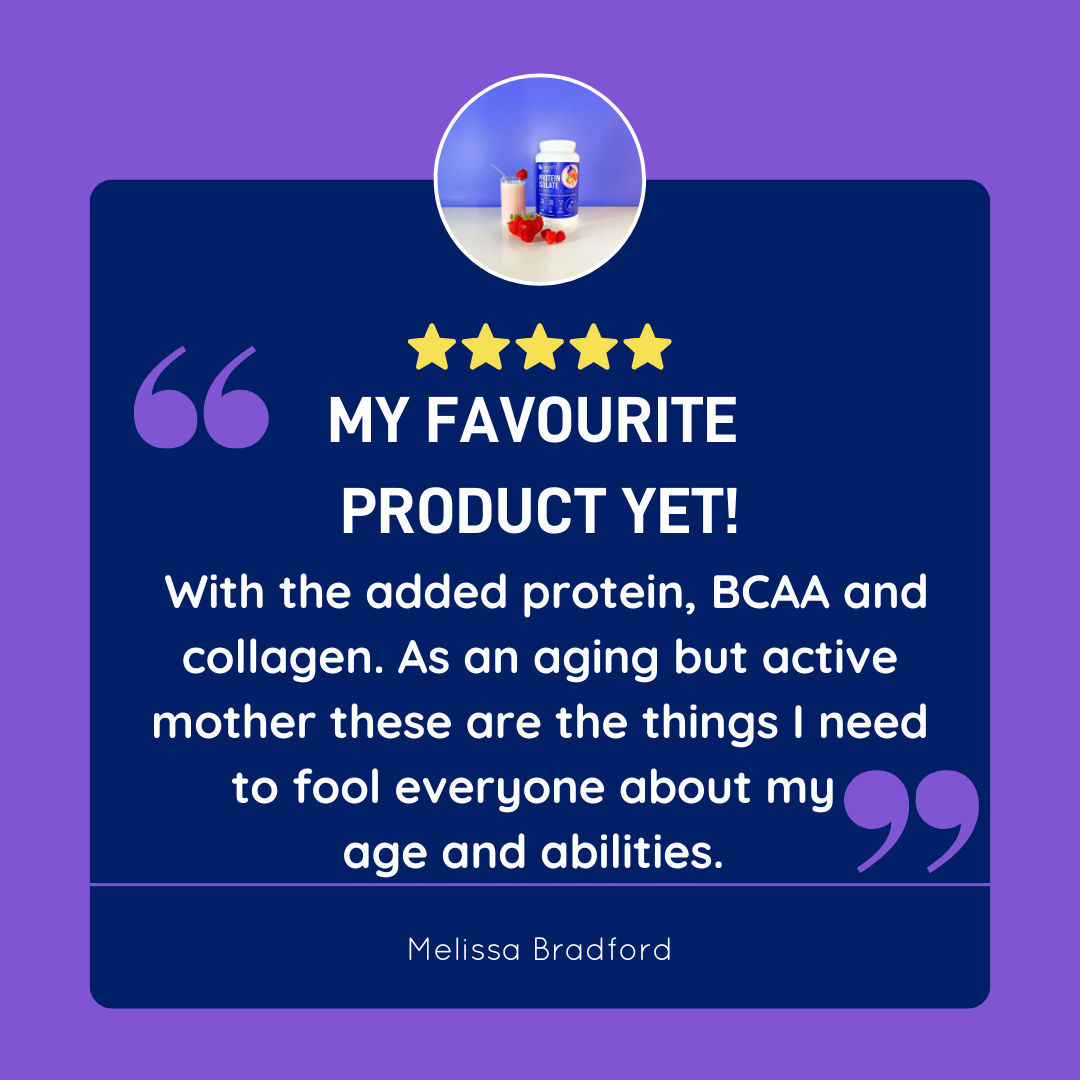 Customer review: “My favourite product yet — added protein, BCAAs, and collagen for an active lifestyle.”
