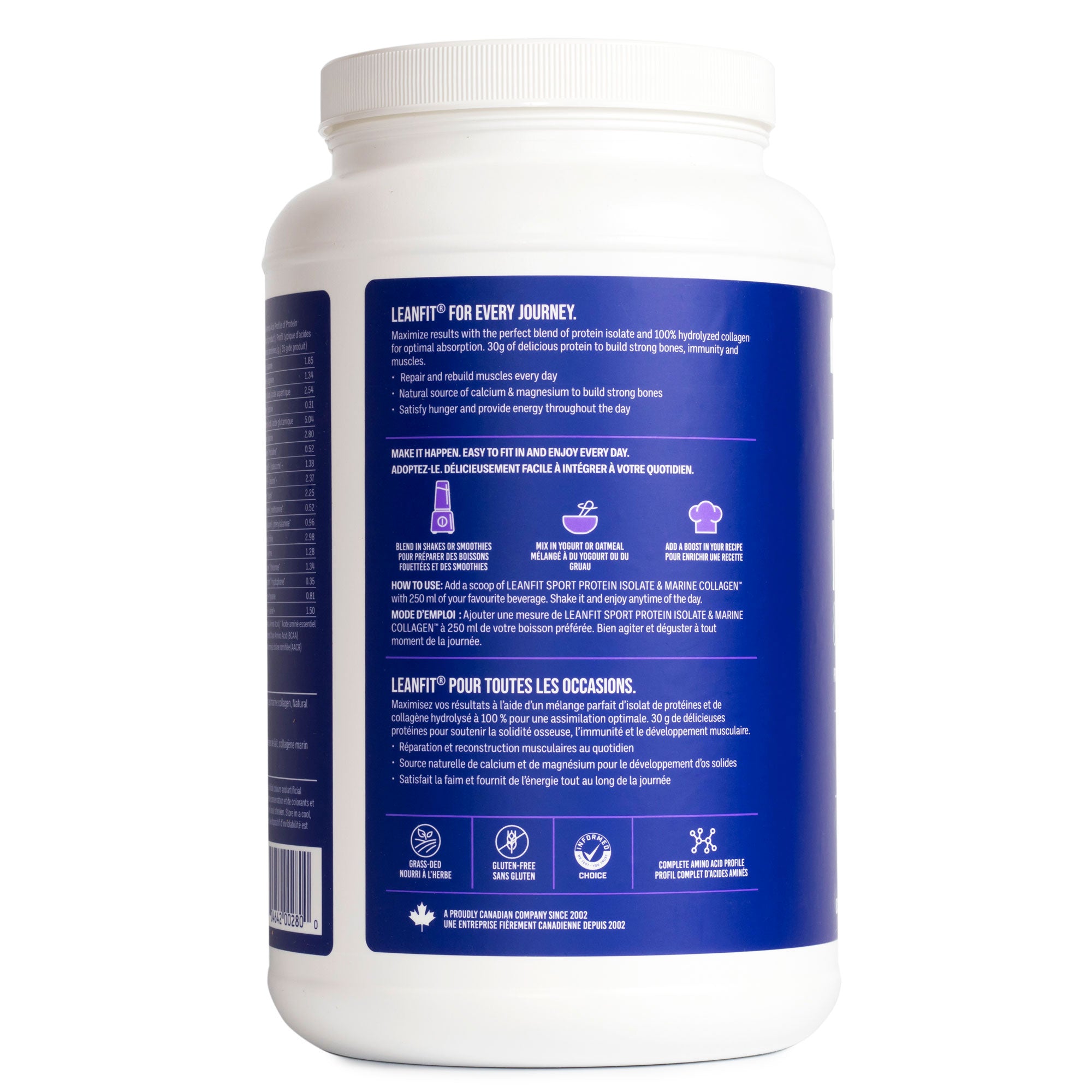 Back label with directions and supplement facts — LEANFIT Sport Protein Isolate & Marine Collagen (Vanilla Bean)
