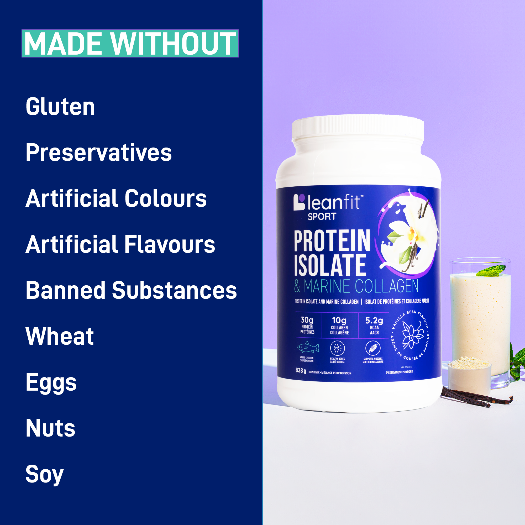 Made without gluten, preservatives, artificial colours or flavours; banned-substance tested; no wheat, eggs, nuts, or soy
