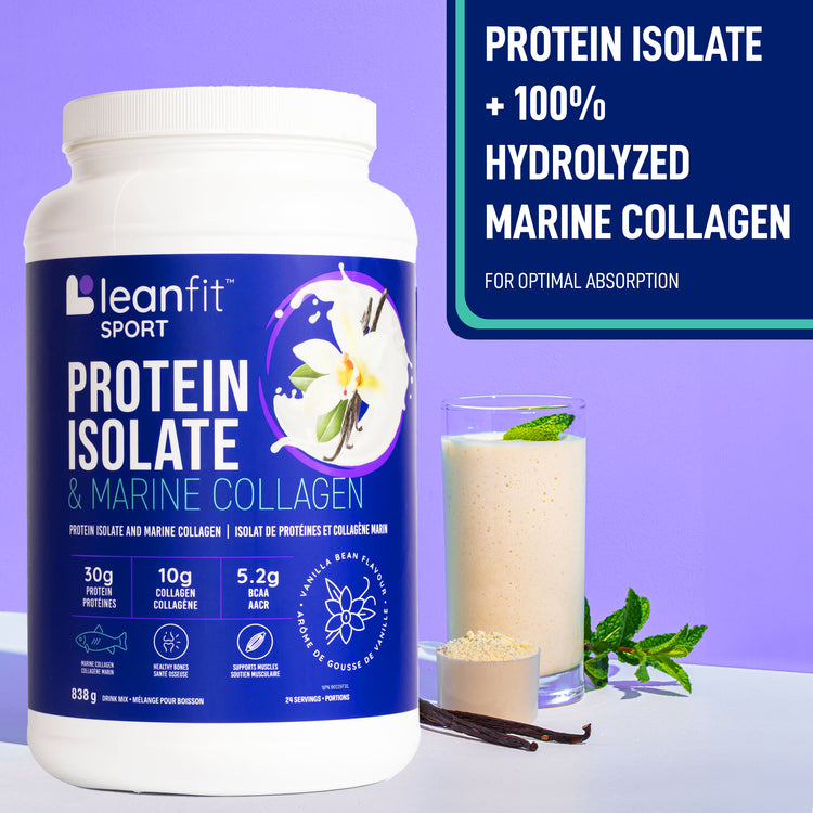 Protein isolate + 100% hydrolyzed marine collagen for optimal absorption — product hero with vanilla bean
