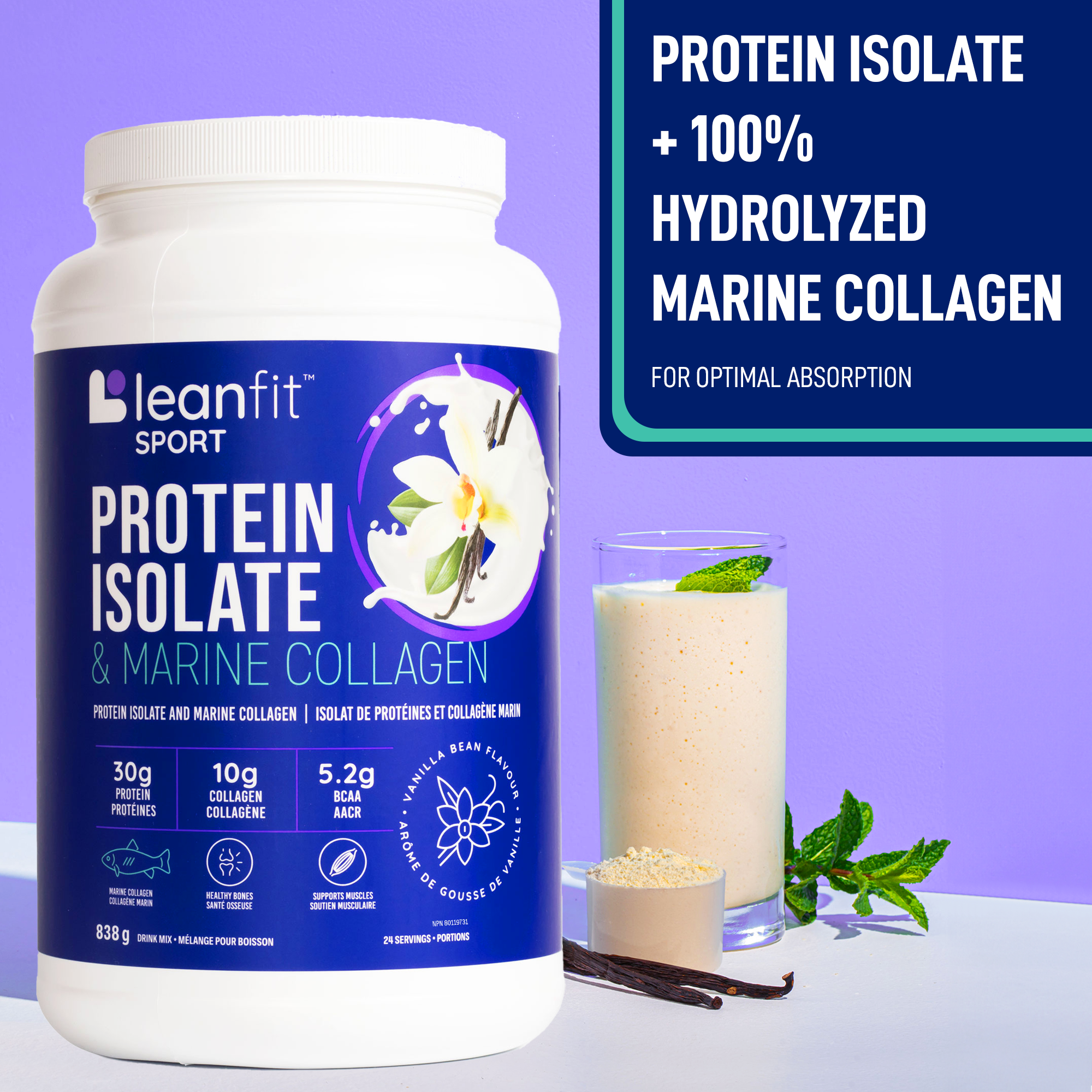 Protein isolate + 100% hydrolyzed marine collagen for optimal absorption — product hero with vanilla bean
