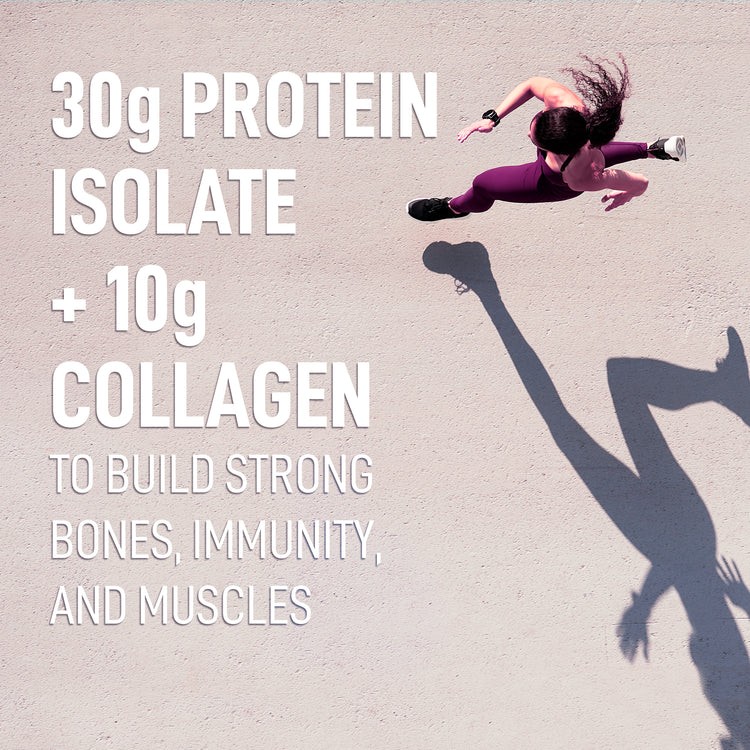 30 g protein isolate + 10 g collagen to build strong bones, immunity, and muscles — training lifestyle scene
