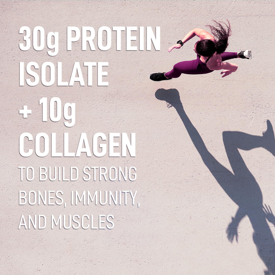 30 g protein isolate + 10 g collagen to build strong bones, immunity, and muscles — training lifestyle scene
