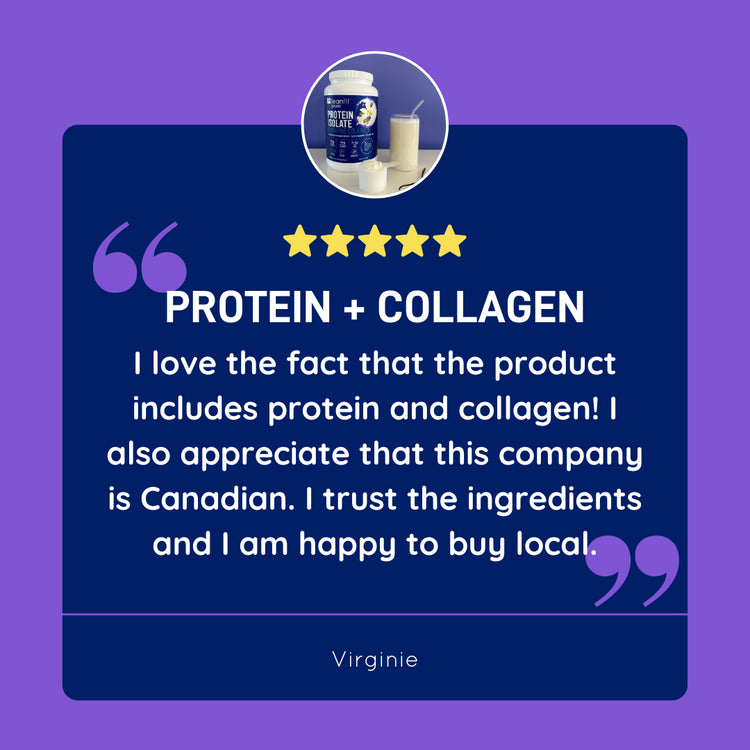 Customer review: “Protein + collagen — Canadian brand I trust; great ingredients and I’m happy to buy local.”
