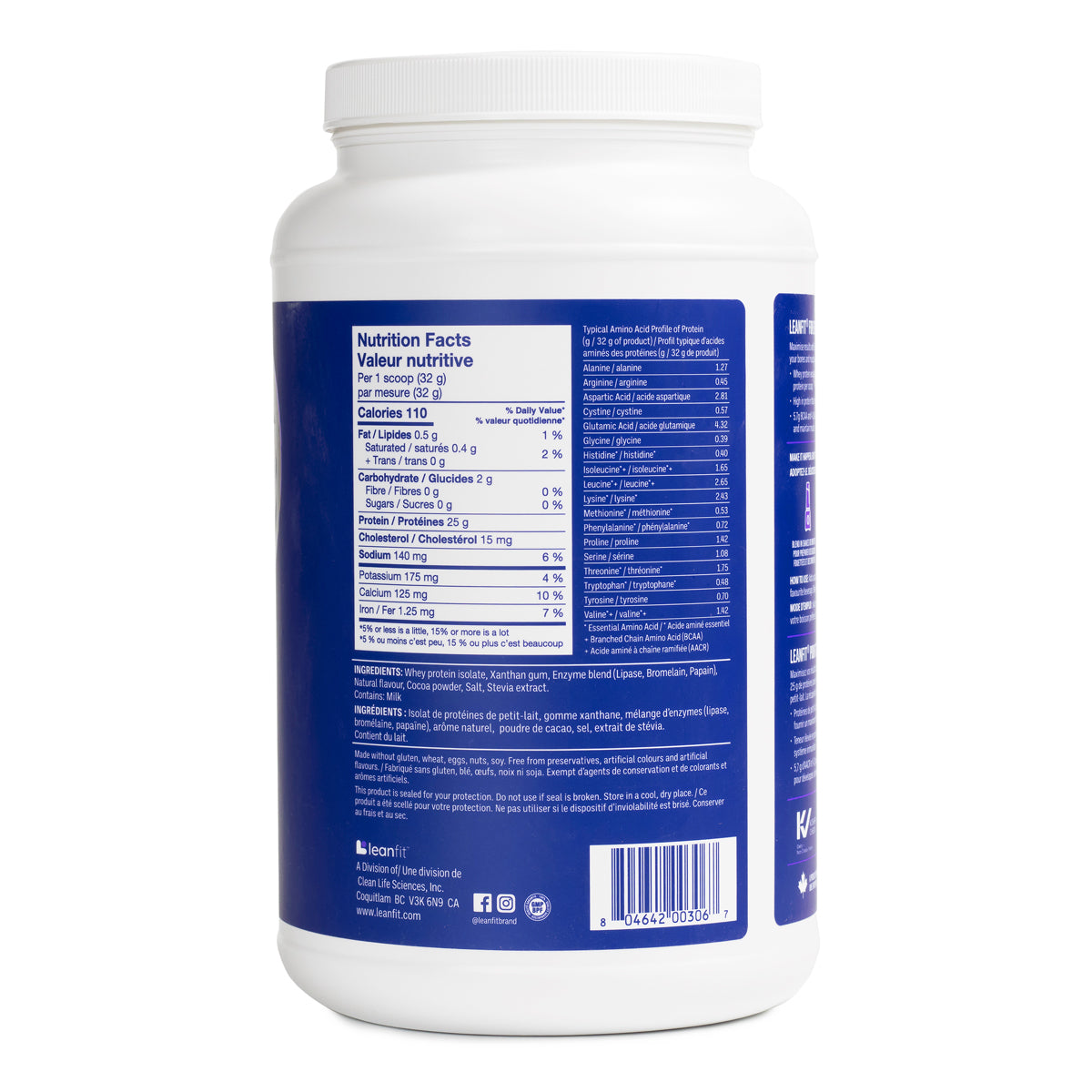 Back label with directions and supplement facts — LEANFIT Sport Whey Isolate (Chocolate)
