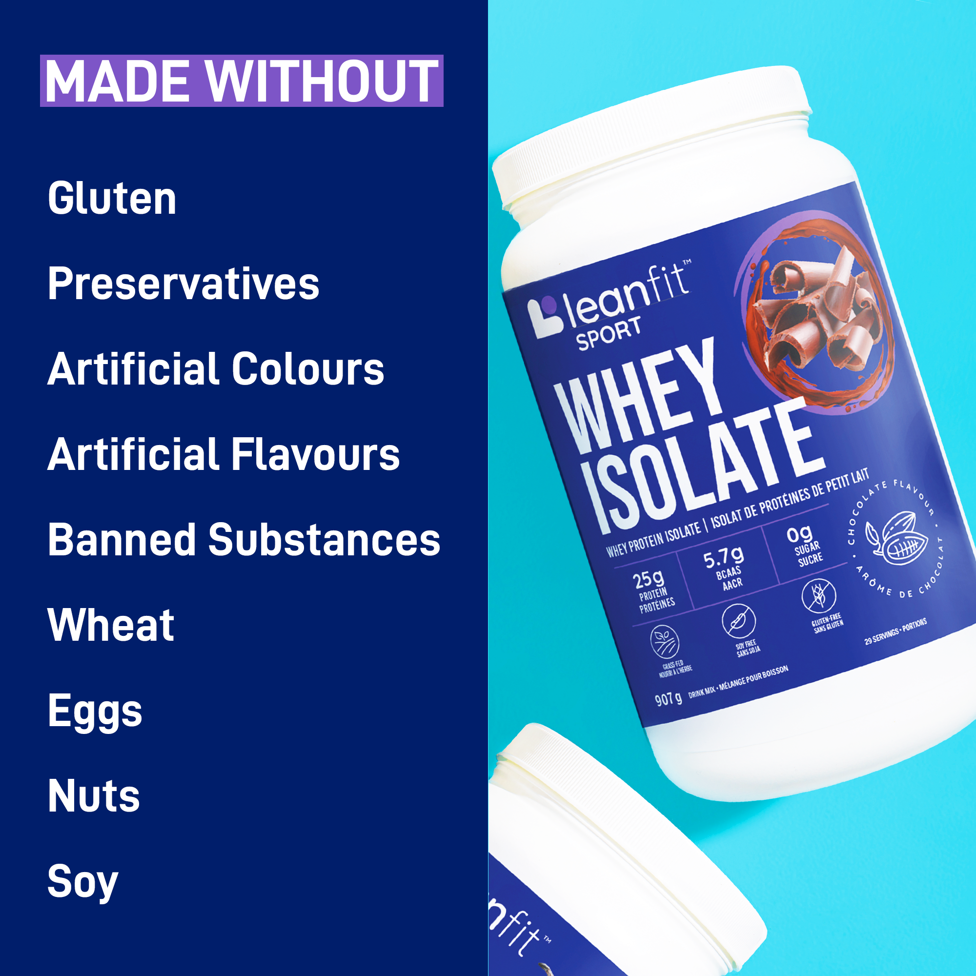 Made without gluten, preservatives, artificial colours or flavours; banned-substance tested; no wheat, eggs, nuts, or soy
