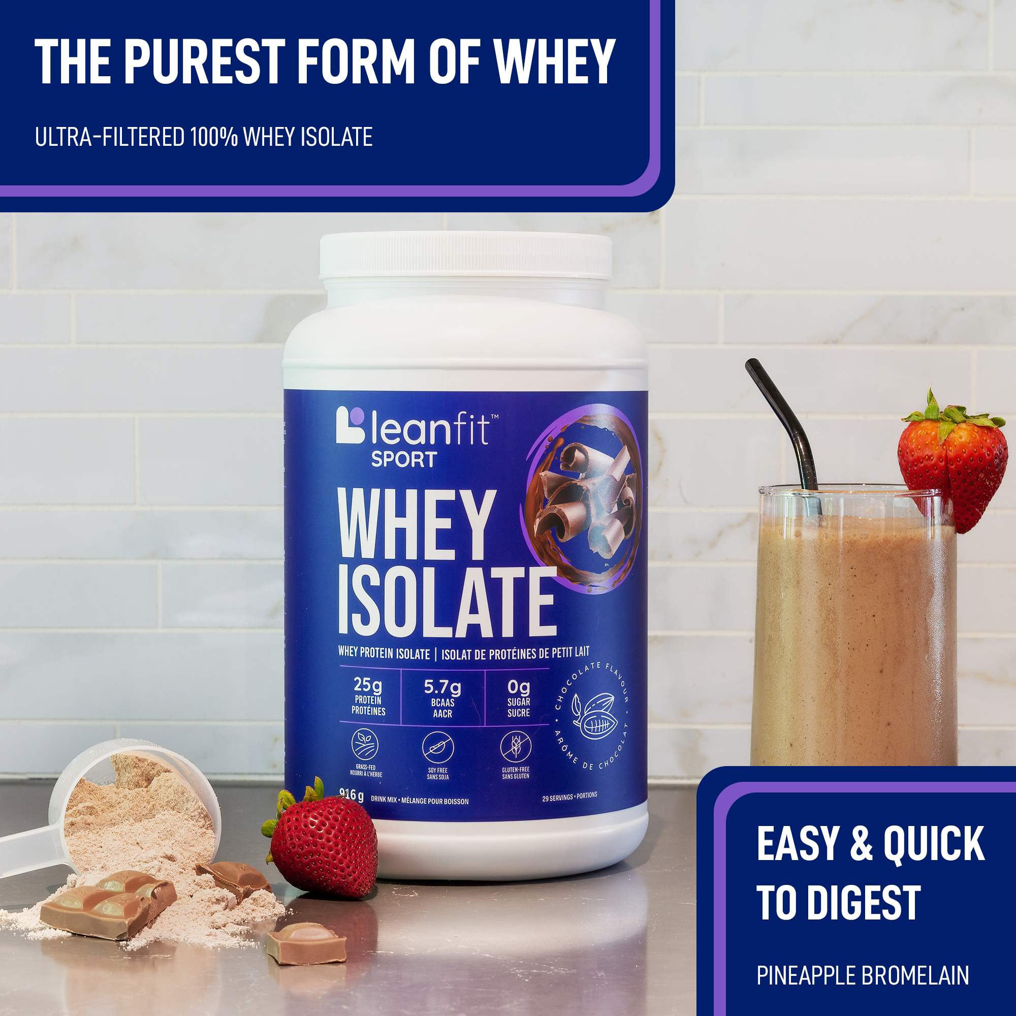 The purest form of whey — easy & quick to digest; product hero with shake
