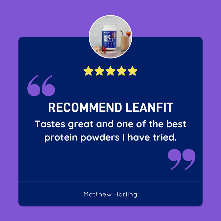 Customer review: “Recommend LEANFIT — great taste and one of the best protein powders I’ve tried.”
