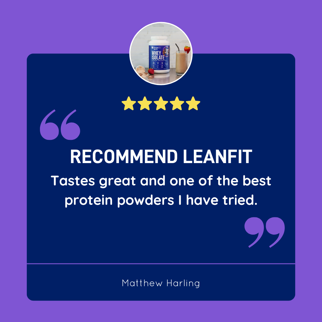 Customer review: “Recommend LEANFIT — great taste and one of the best protein powders I’ve tried.”
