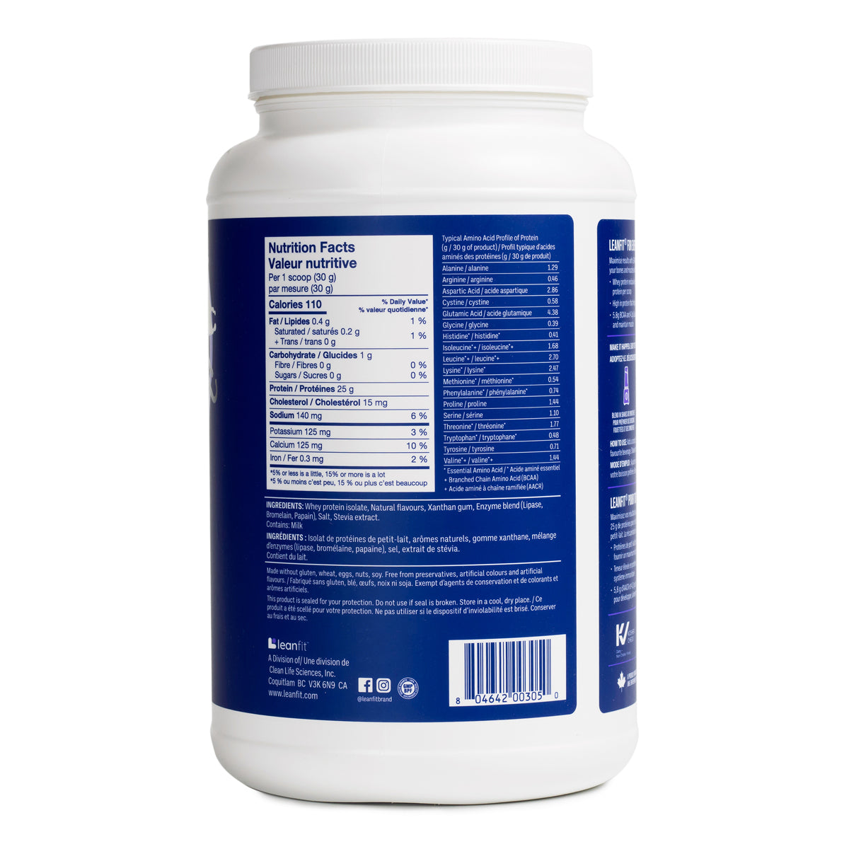 Back label with directions and supplement facts — LEANFIT Sport Whey Isolate (Vanilla Bean)
