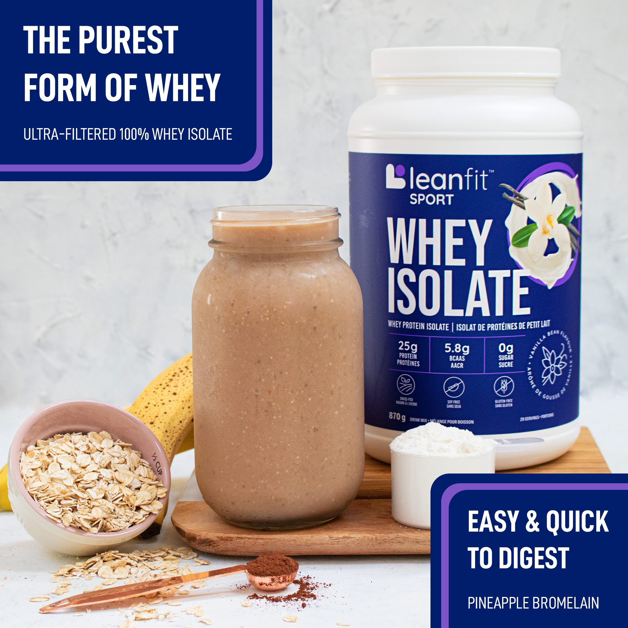 The purest form of whey — easy & quick to digest; product hero with vanilla shake
