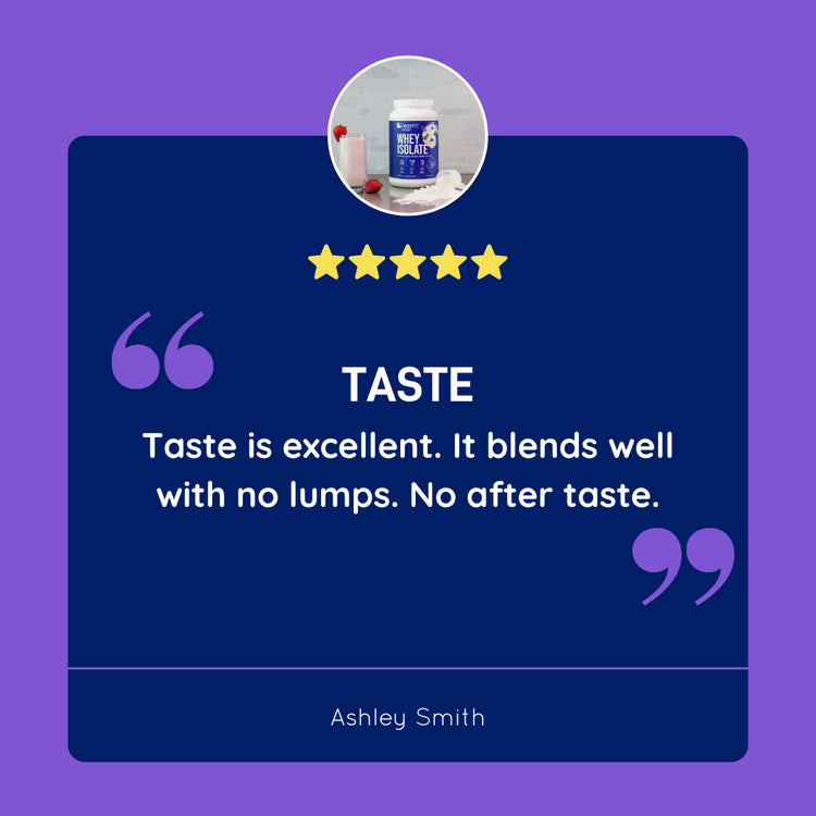 Customer review: “Taste is excellent. It blends well with no lumps. No after taste.”
