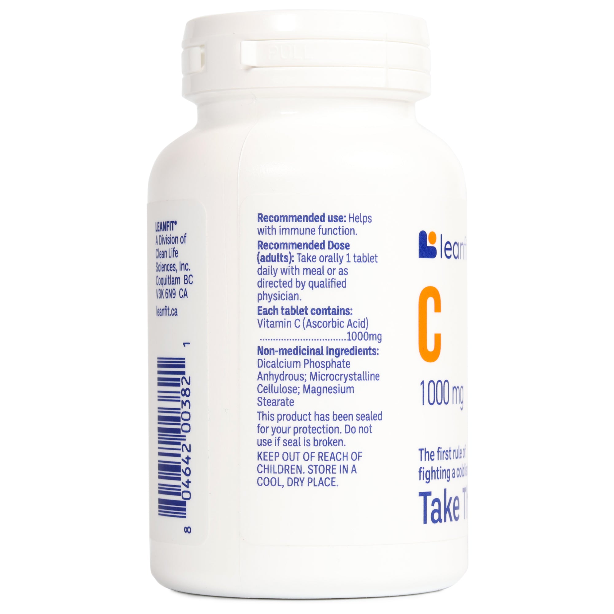 Back label with directions, lot and expiry — LEANFIT Vitamin C 1000 mg
