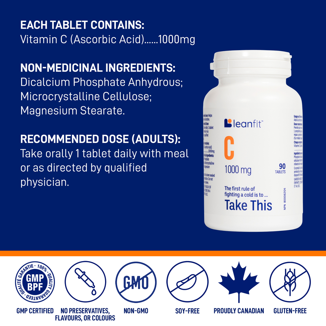 Each tablet contains vitamin C (ascorbic acid) 1000 mg; non-medicinal ingredients and adult recommended dose
