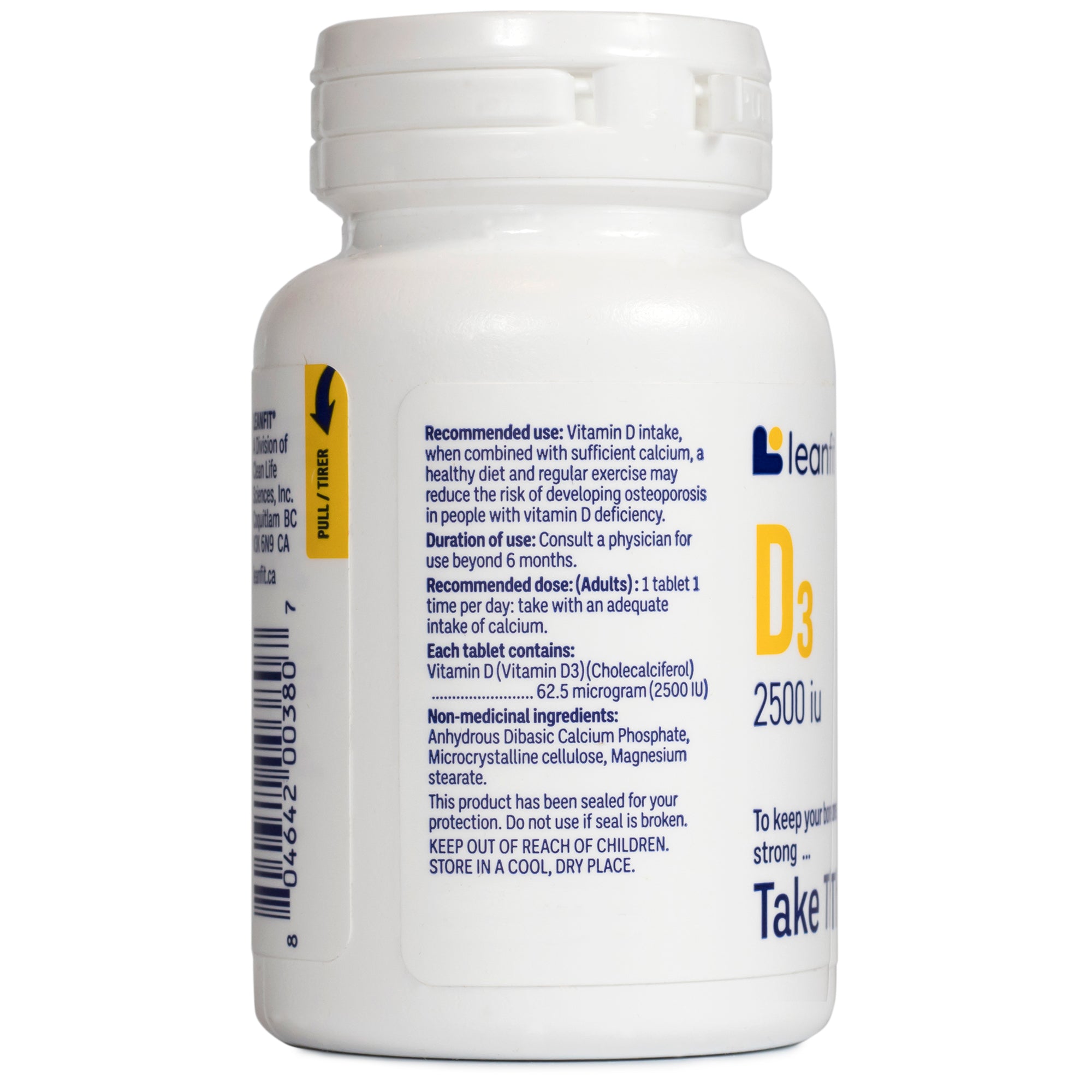 Back label with directions, lot and expiry — LEANFIT Vitamin D3 2500 IU
