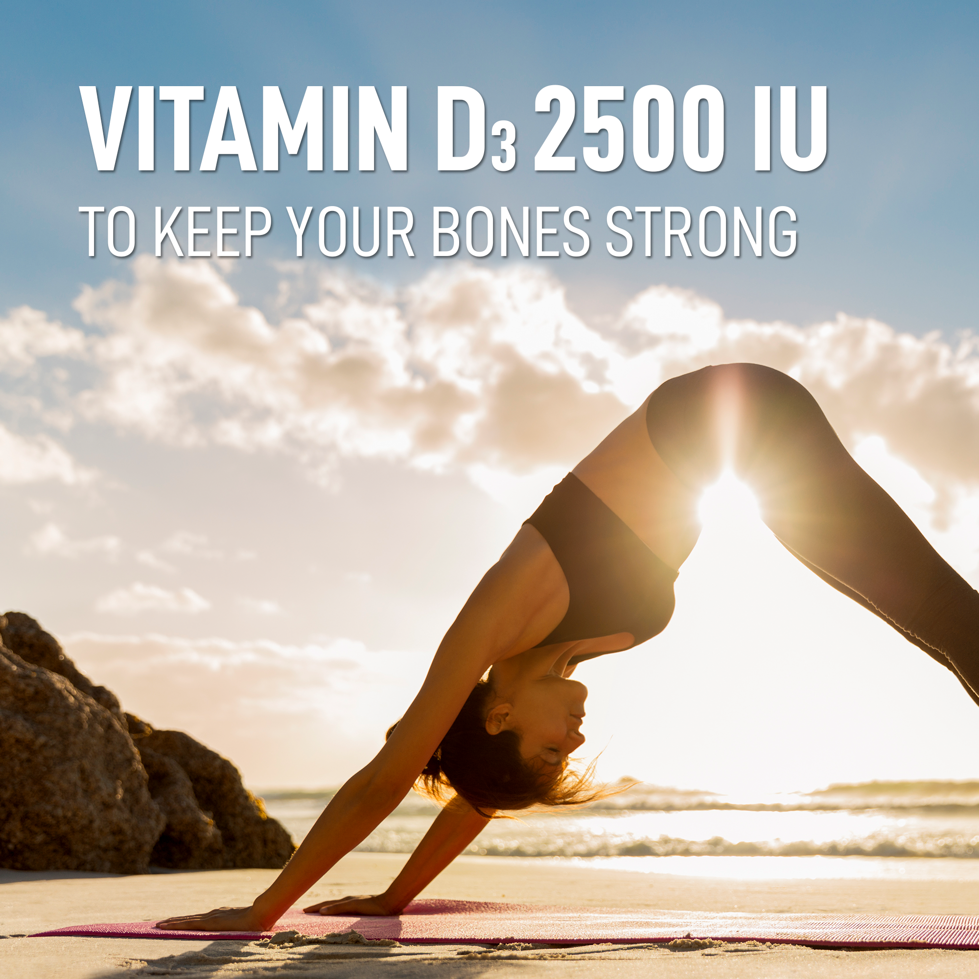 Vitamin D3 2500 IU to help keep your bones strong — active lifestyle at sunrise
