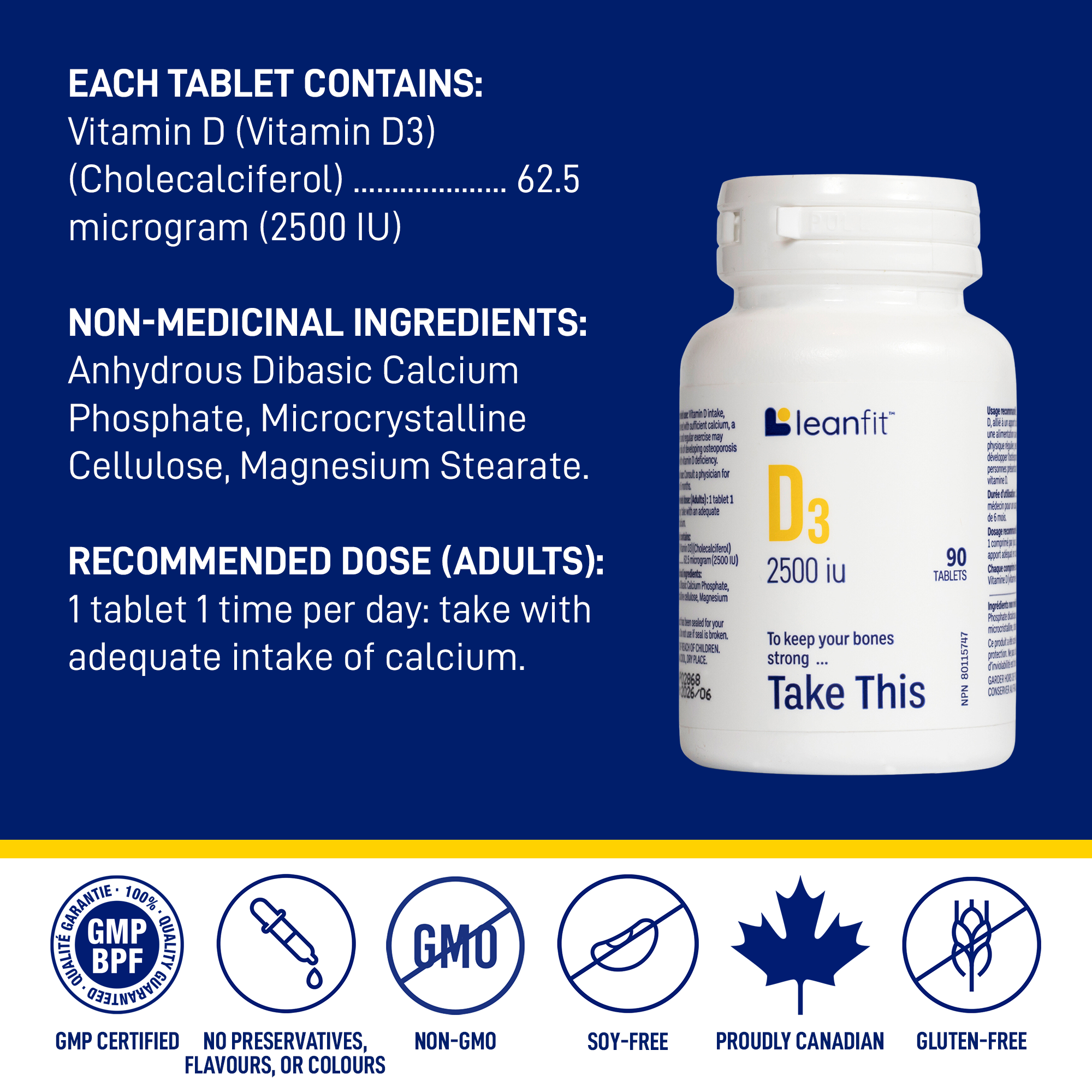 Each tablet contains vitamin D3 (cholecalciferol) 62.5 mcg / 2500 IU; non-medicinal ingredients and adult recommended dose
