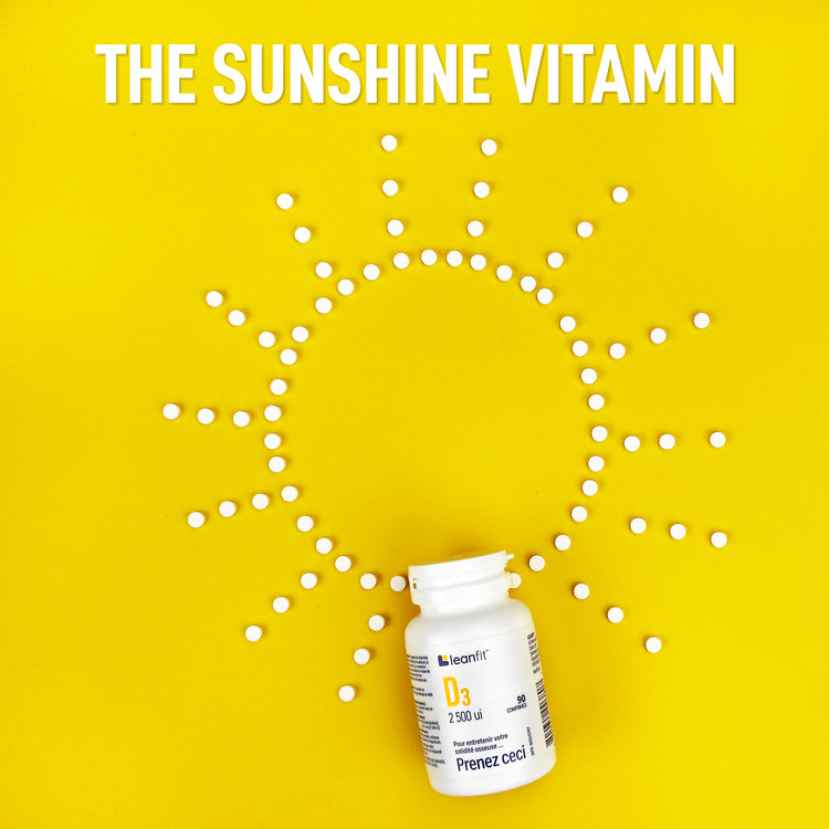 The sunshine vitamin — LEANFIT Vitamin D3 bottle with sun-dot graphic
