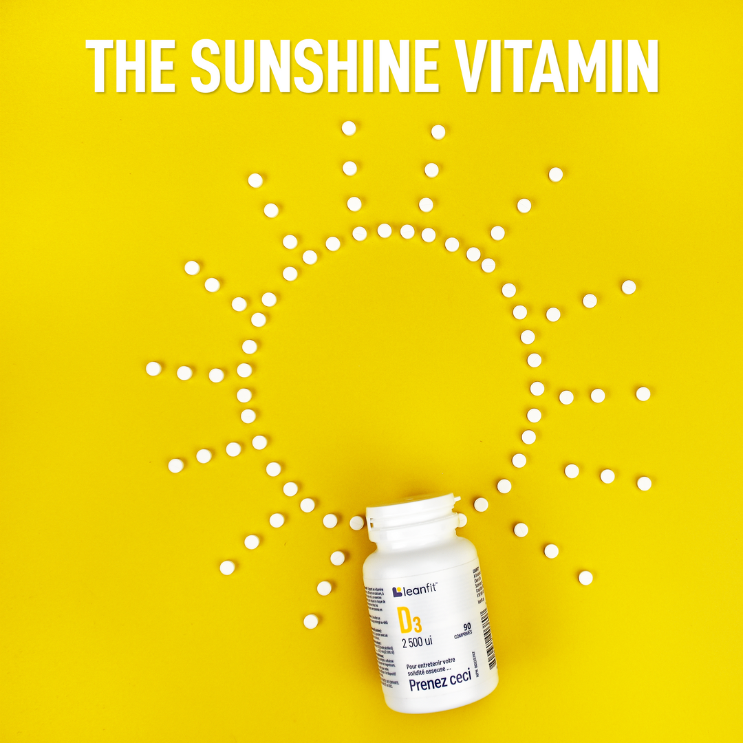 The sunshine vitamin — LEANFIT Vitamin D3 bottle with sun-dot graphic

