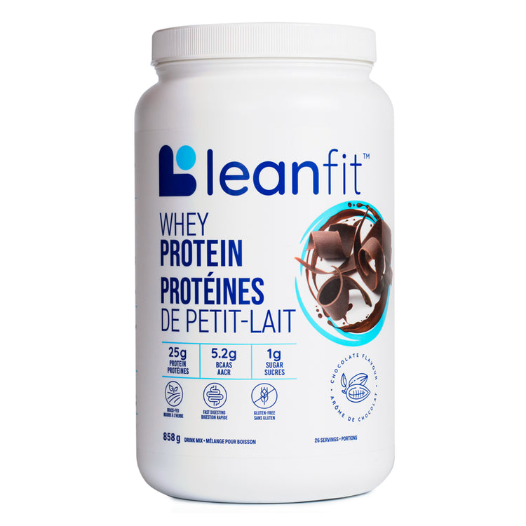 White container of LeanFit whey protein powder on a white background
