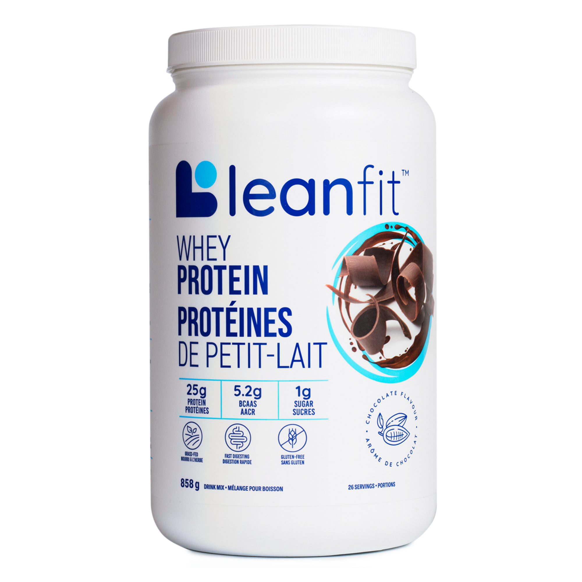 White container of LeanFit whey protein powder on a white background