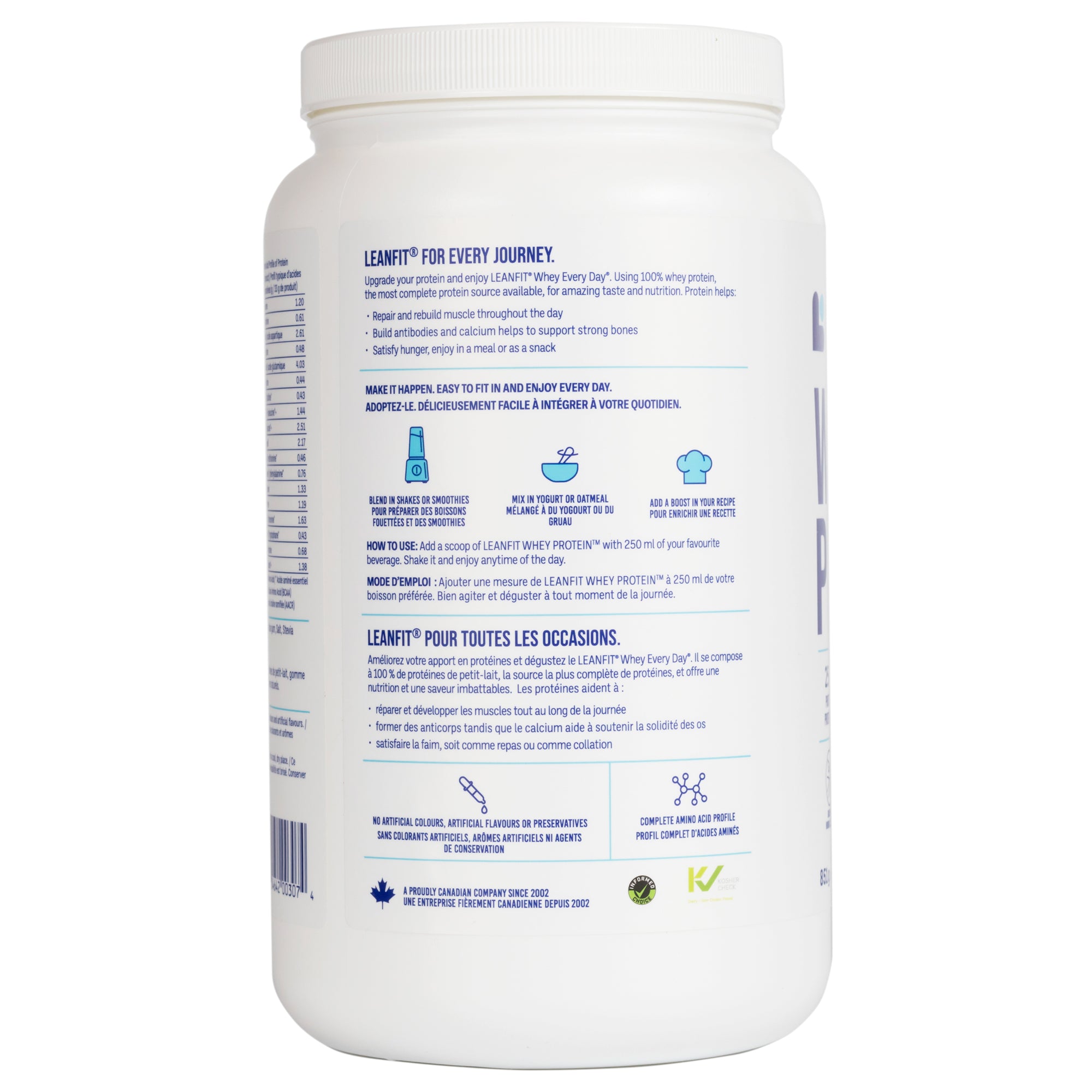 Back label with directions and icons — LEANFIT Whey Protein Cookies & Cream
