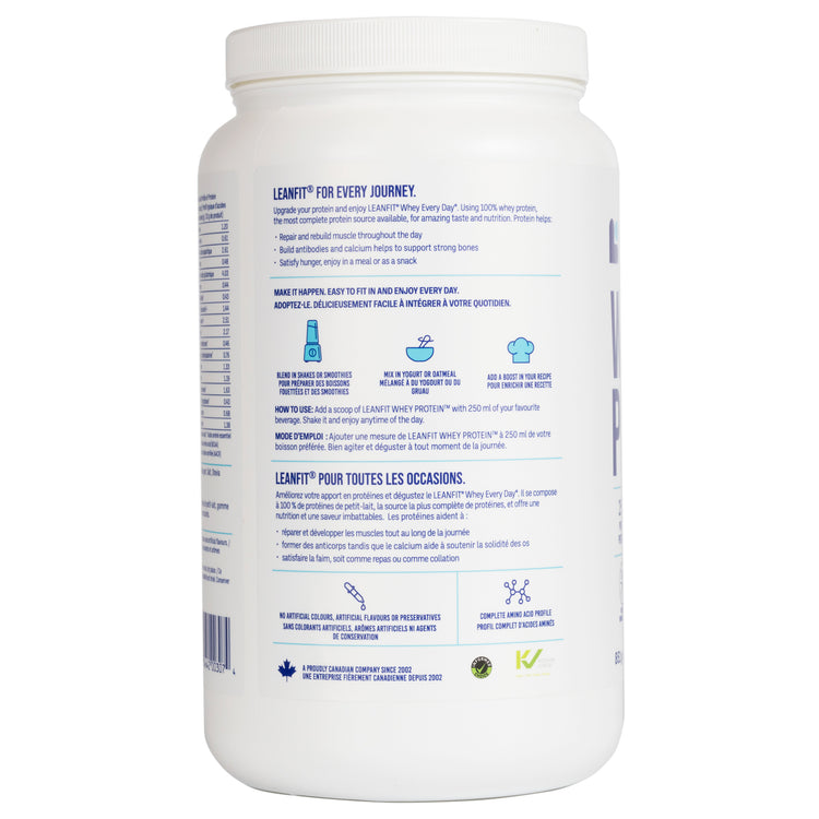 Back label with directions and icons — LEANFIT Whey Protein Cookies & Cream
