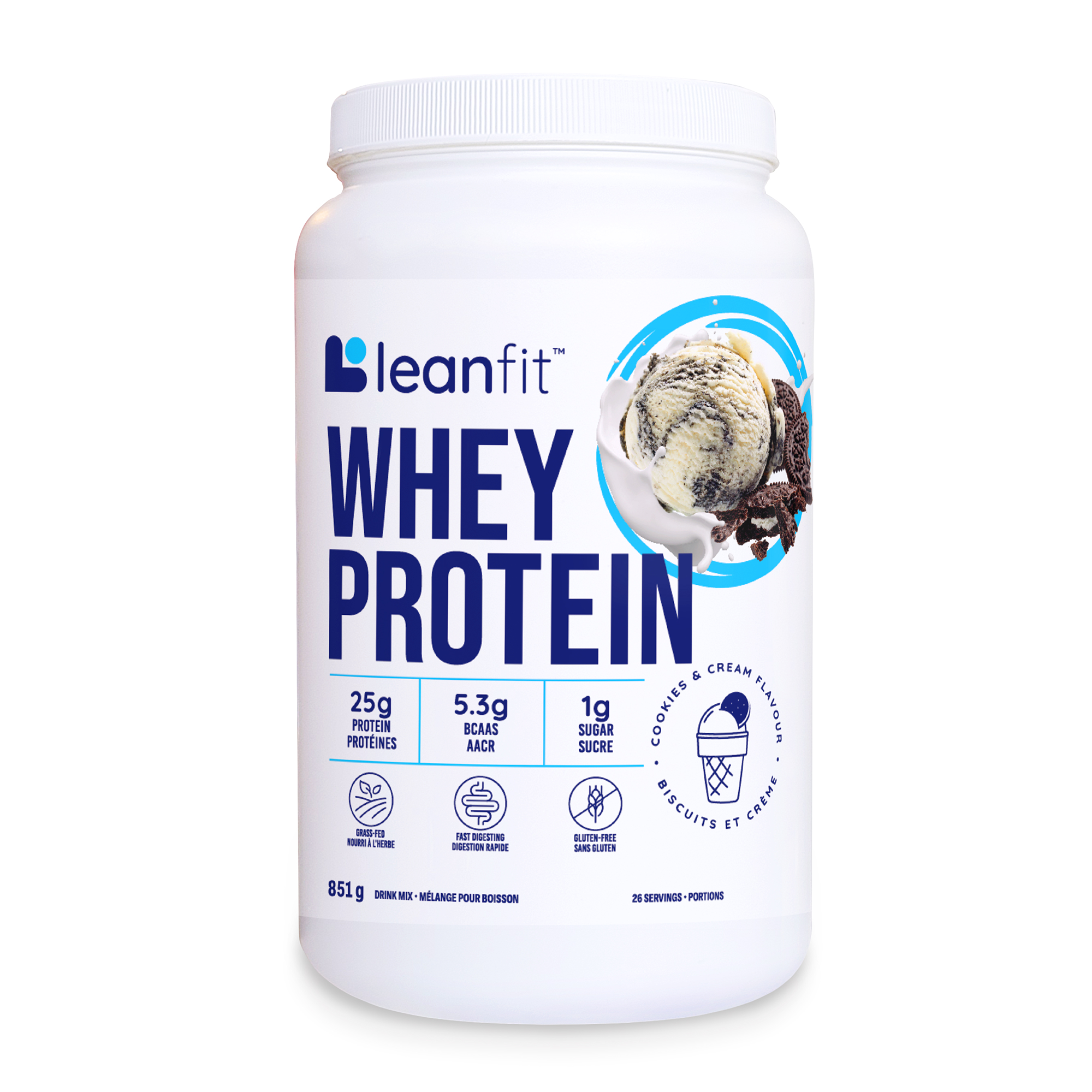 LEANFIT Whey Protein — Cookies & Cream Flavour — Front label
